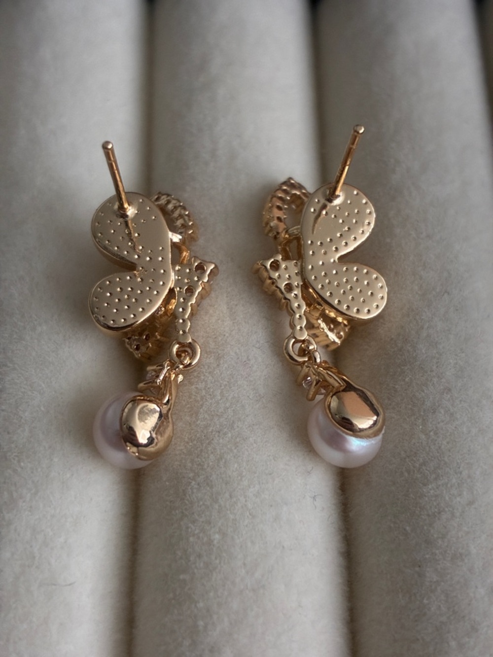 Gold Butterfly Pearl Drop Earrings - Pink Pearls - Picture 2 of 3